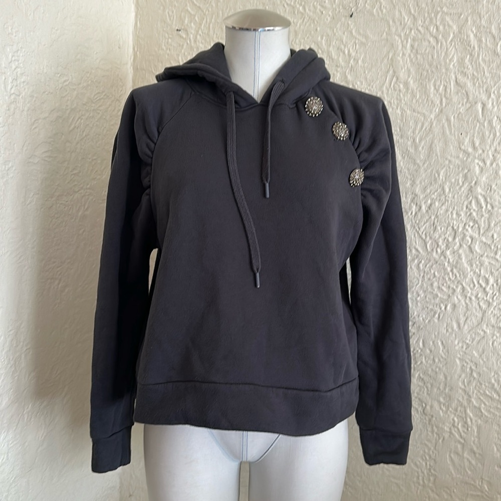 ba&sh Dark Gray Decorative Crystal Buttons Puff Sleeve Hoodie Sweatshirt Small